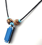 Blue Harmonica Necklace with wooden zebra striped beads