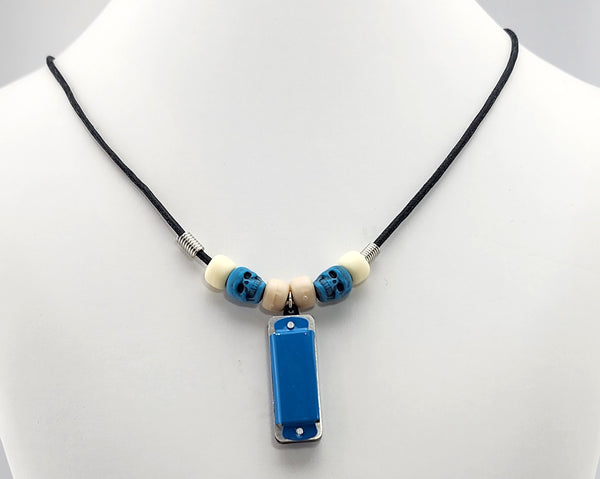 Blue Harmonica Necklace - Blue Harmonica with Blue  and white Skull Beads