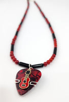 Red Guitar Pick Necklace with Red Guitar Charm beaded with black Obsidian and Red Coral.