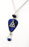 Celtic Guitar Pick Necklace made with Freshwater Cultured pearl and Blue Gold Stone