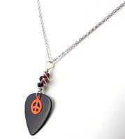 Neon Orange Peace sign Guitar Pick Necklace made with Garnet and Onyx gemstones