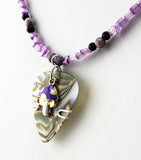 Purple Mushroom Guitar Pick Necklace with Vintage 1905 Dressing gown beads.