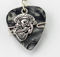 Gray Guitar Pick Earrings with a silver guitar playing skeleton charm / Grey Guitar pick earrings with a silver guitar playing skeleton charm