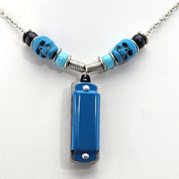 Blue Harmonica Necklace - Blue Harmonica with Blue and Black Skull Beads