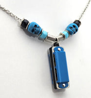 Blue Harmonica Necklace - Blue Harmonica with Blue and Black Skull Beads