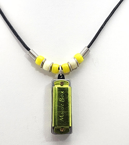Gold Harmonica Necklace - Gold Harmonica with Yellow and white candy beads