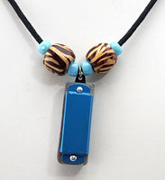 Blue Harmonica Necklace with wooden zebra striped beads