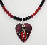 Red Guitar Pick Necklace with Red Guitar Charm beaded with black Obsidian and Red Coral.