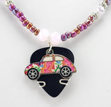Hippie VW Guitar Pick Necklace - Cute psychedelic VW Bug charm on a black guitar pick