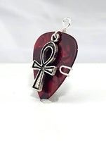 Red guitar pick pendant with silver Ankh charm