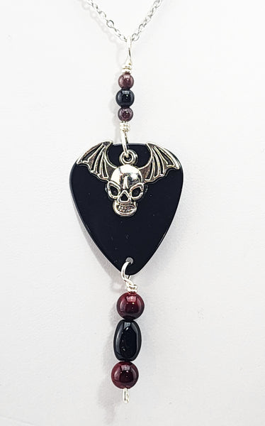 Skull with wings Guitar Pick Pendant - Rocker Jewelry - Garnet,  Jet and painted quartz