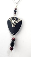 Skull with wings Guitar Pick Pendant - Rocker Jewelry - Garnet,  Jet and painted quartz