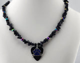 Blue Paw Print Guitar Pick Necklace filled with sparkly Bling Made with Blue Goldstone and Rainbow Hematite