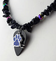 Blue Paw Print Guitar Pick Necklace filled with sparkly Bling Made with Blue Goldstone and Rainbow Hematite