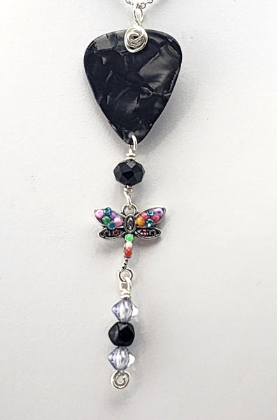 Dragonfly Guitar Pick Necklace - Dragonfly Jewelry - Austrian Crystals and polished jet.