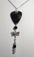 Dragonfly Guitar Pick Necklace - Dragonfly Jewelry - Austrian Crystals and polished jet.