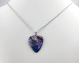 Metallic Purples and Blues painted guitar pick pendant.  One of a Kind