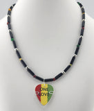 One Love Guitar Pick Necklace made with Black Obsidian and multi gemstones.