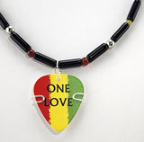 One Love Guitar Pick Necklace made with Black Obsidian and multi gemstones.
