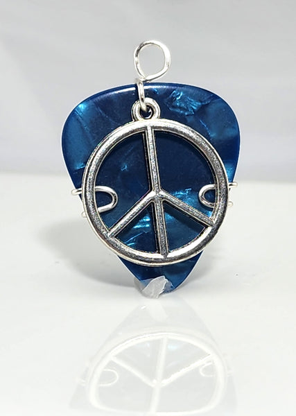 Light Blue/Teal Guitar Pick Pendant with Silver Peace Charm