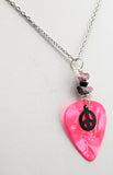 Pink Guitar Pick Necklace - Black Peace Sign Jewelry - Made Rhodolite and Onyx stones. -