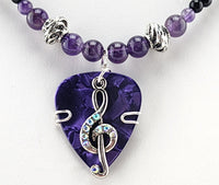 Purple Treble Clef Guitar Pick Necklace beaded with Amethyst and Onyx.  One of a kind