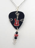 Red, black and silver Guitar Pick Necklace - Created with Dyed Bamboo and Jasper