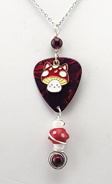 Red Mushrooms Guitar Pick Necklace - Created with painted quartz gemstones