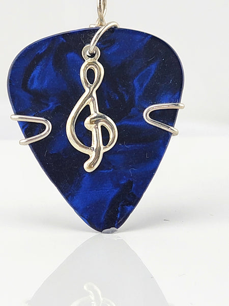 Blue Guitar Pick Pendant with Silver Treble Clef Charm. Your choice of necklace or key chain