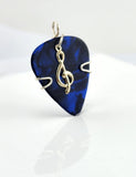 Blue Guitar Pick Pendant with Silver Treble Clef Charm. Your choice of necklace or key chain