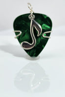 Green Guitar Pick Pendant with a silver music note charm - Your choice of necklace or keychain