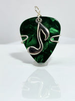 Green Guitar Pick Pendant with a silver music note charm - Your choice of necklace or keychain