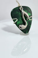 Green Guitar Pick Pendant with a silver music note charm - Your choice of necklace or keychain