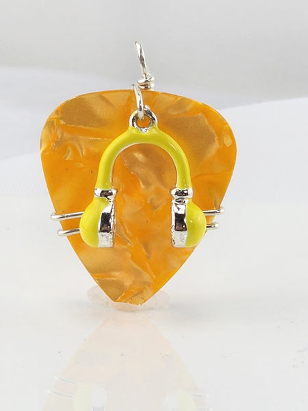 Orange Guitar Pick pendant with yellow headphones charm.