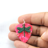 Pink Guitar Pick Pendant with a Dragonfly