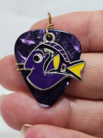 Purple Guitar Pick Pendant with Cute Purple Fish charm - Your choice of necklace or keychain