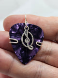 Purple Guitar Pick Pendant with a silver treble clef charm - Your choice of necklace or keychain
