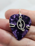 Purple Guitar Pick Pendant with a silver treble clef charm - Your choice of necklace or keychain