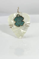 White Guitar Pick Pendant with green four-leaf clover charm