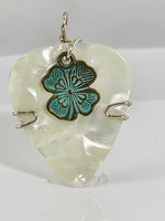 White Guitar Pick Pendant with green four-leaf clover charm