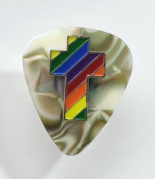 Abalone like guitar pick hat pin with a rainbow cross