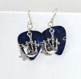Blue Guitar Pick Earrings with silver bagpipe charm.