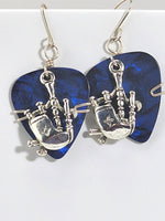 Blue Guitar Pick Earrings with silver bagpipe charm.