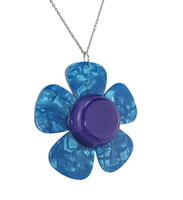 Daisy Guitar Pick Necklace - Five Teal Guitar Picks with purple center to create a daisy flower necklace.  Stainless Steel chain included