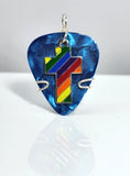 Light Blue/Teal Guitar Pick Pendant with rainbow enamel charm - Your choice of necklace or keychain