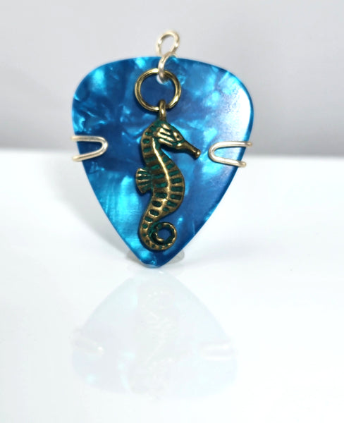 Light Blue/Teal Guitar Pick Pendant with patina seahorse charm - Your choice of necklace or keychain