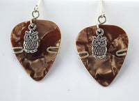 Bronze Guitar Pick Earrings with silver owl charms
