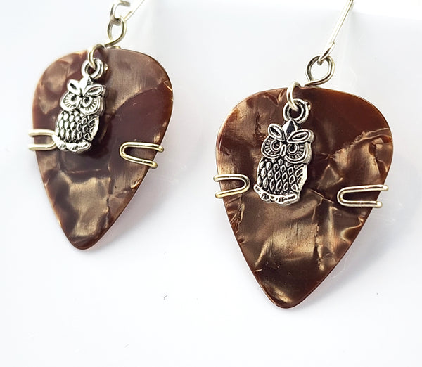 Bronze Guitar Pick Earrings with silver owl charms