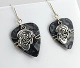 Gray Guitar Pick Earrings with a silver guitar playing skeleton charm / Grey Guitar pick earrings with a silver guitar playing skeleton charm