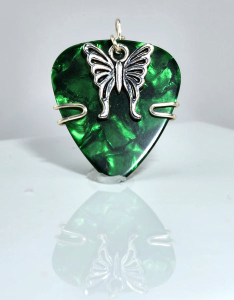 Green Guitar Pick Pendant with a silver butterfly charm - Your choice of necklace or keychain